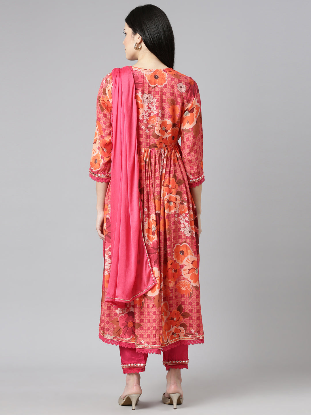 Neerus Pink printed straight suit set floral kurta with dupatta - side view
