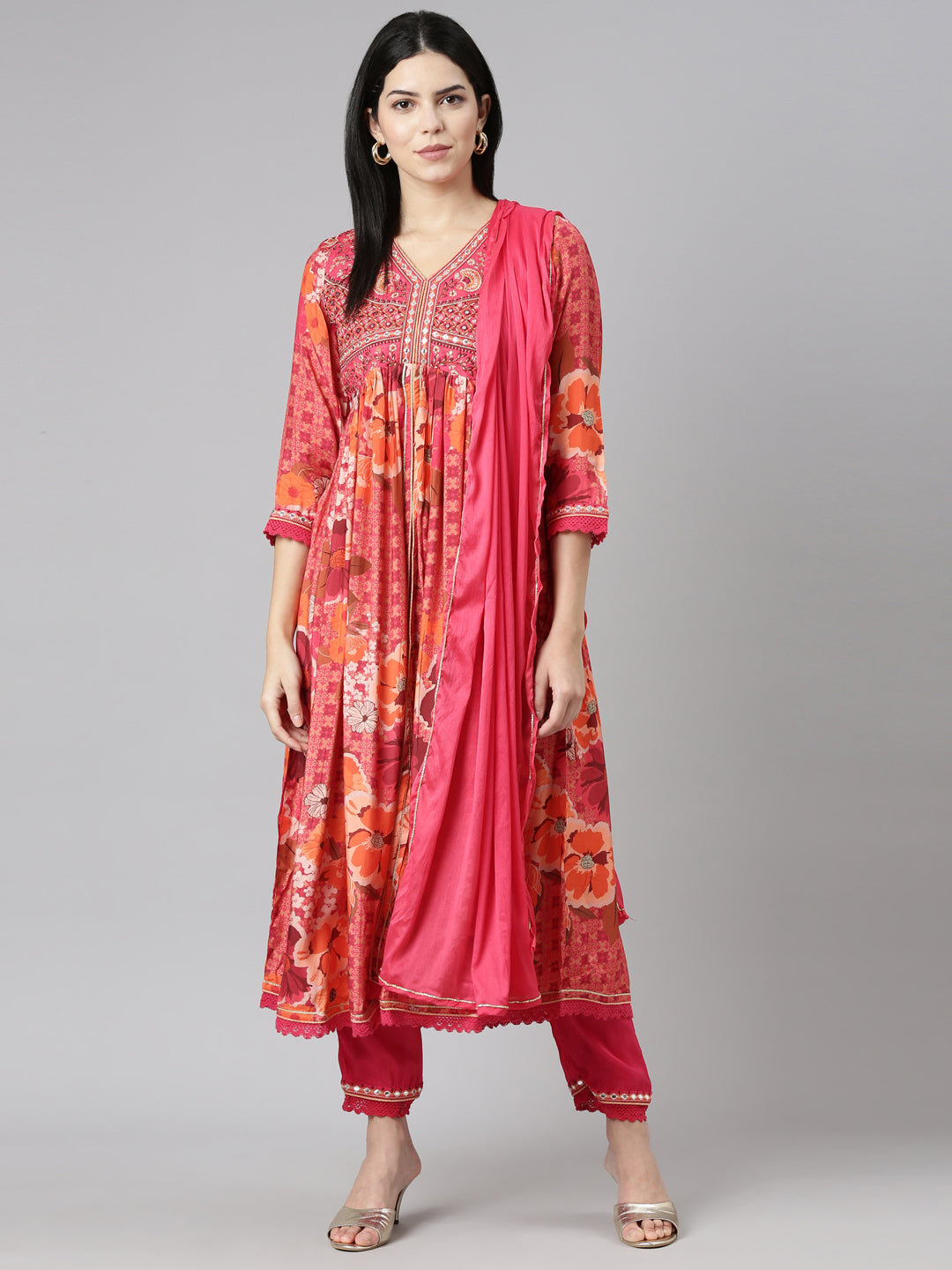 Neerus Pink printed straight suit set floral kurta with dupatta - detail view 2