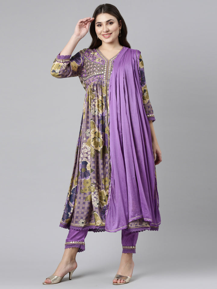 Neerus Purple printed straight kurta set with trousers and dupatta - front view