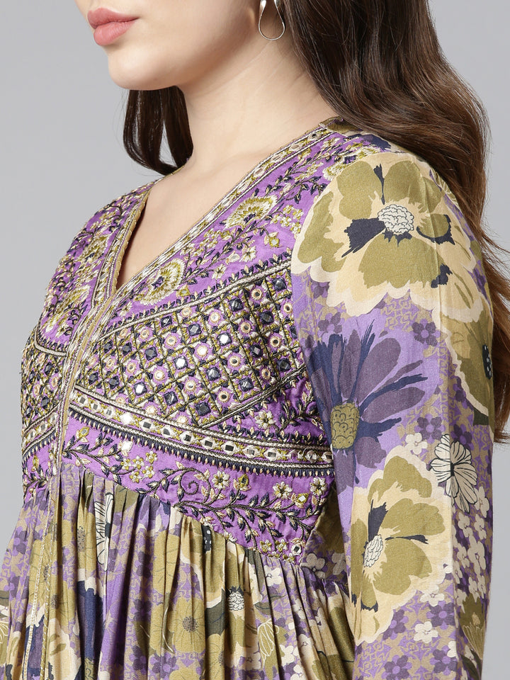 Neerus Purple printed straight kurta set with trousers and dupatta - detail view 1