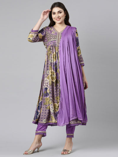 Neeru's Purple Pleated Straight Printed Kurta And Trousers With Dupatta