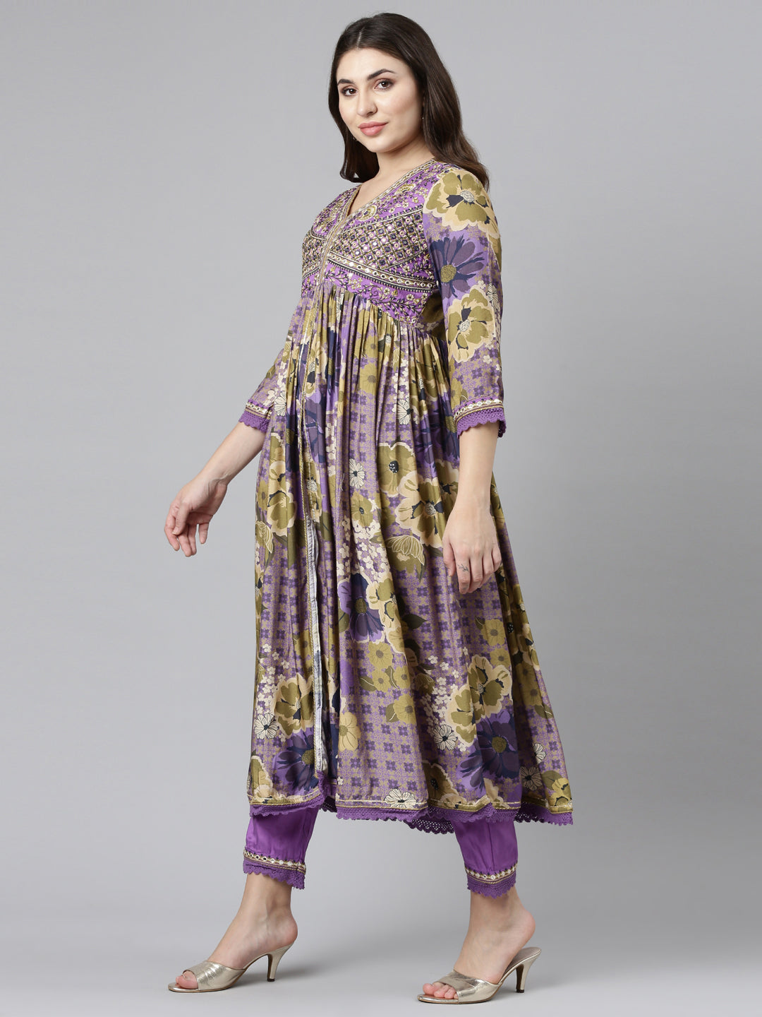 Neerus Purple printed straight kurta set with trousers and dupatta - back view