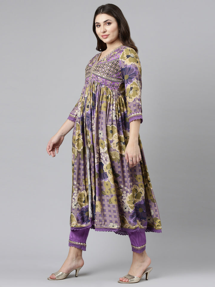 Neerus Purple printed straight kurta set with trousers and dupatta - back view