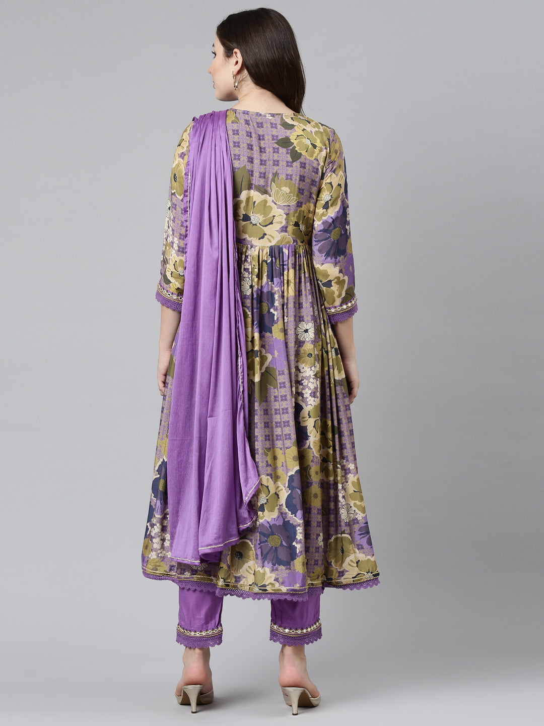 Neerus Purple printed straight kurta set with trousers and dupatta - side view