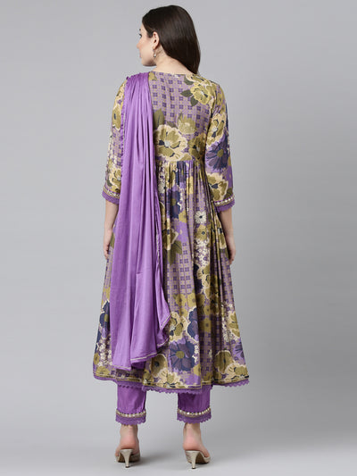 Neeru's Purple Pleated Straight Printed Kurta And Trousers With Dupatta