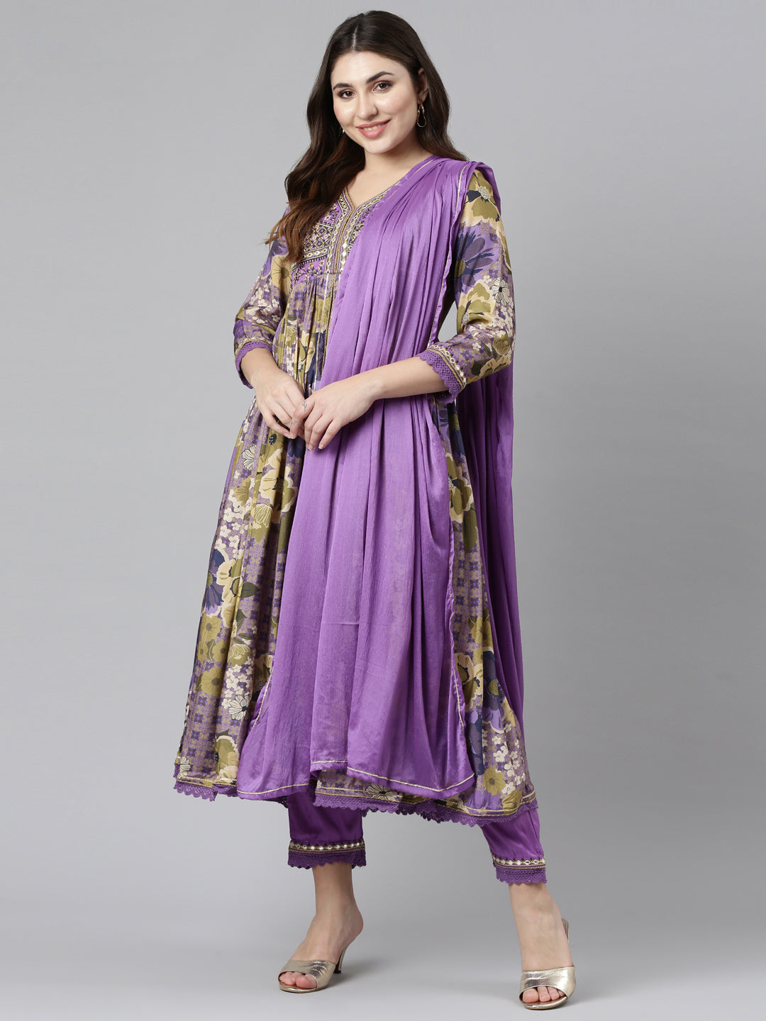 Neerus Purple printed straight kurta set with trousers and dupatta - detail view 2