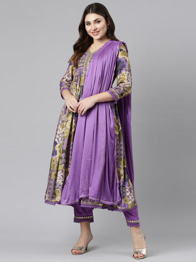Neeru's Purple Pleated Straight Printed Kurta And Trousers With Dupatta