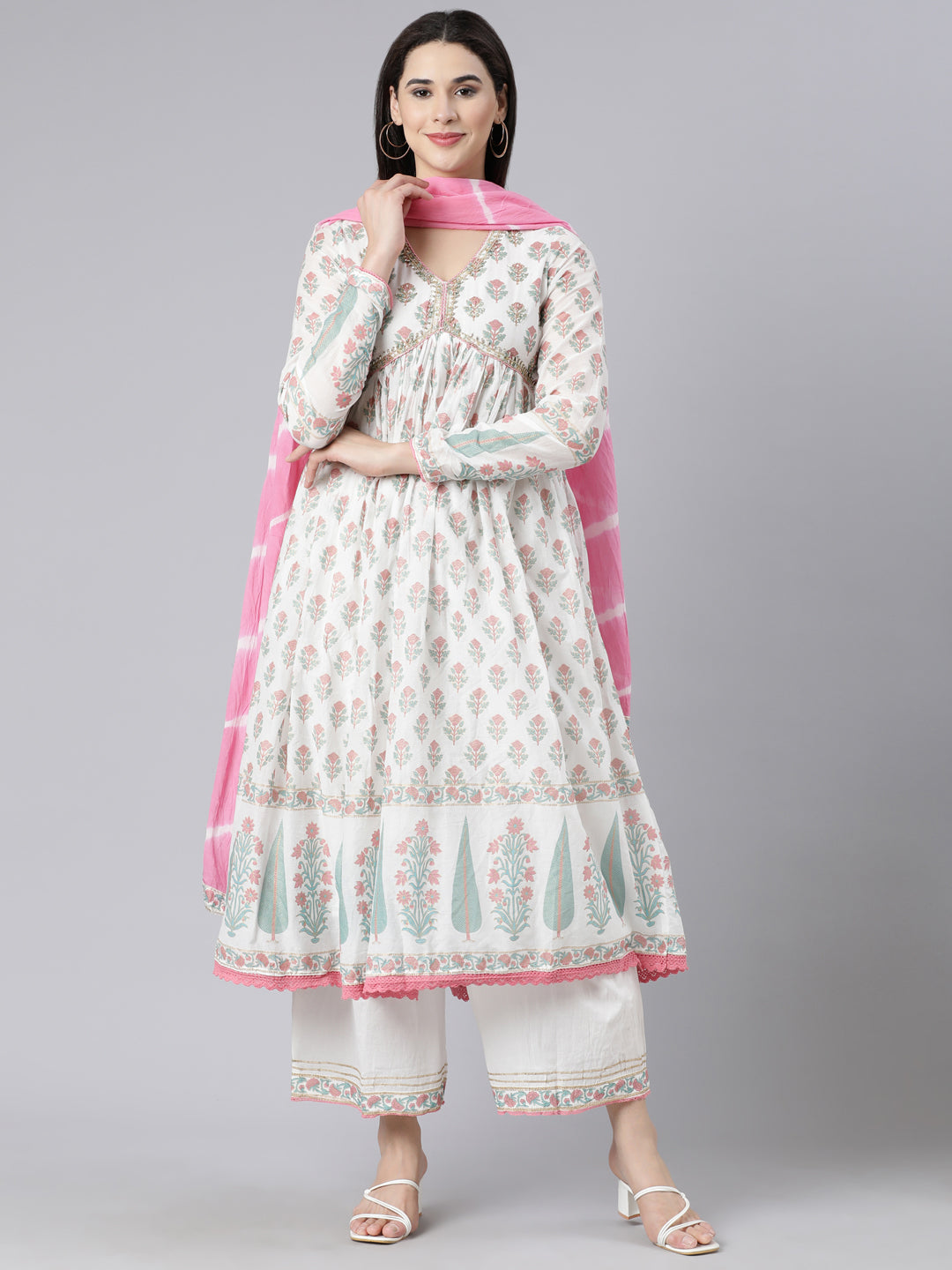 Neerus Pink printed panelled suit set - front view