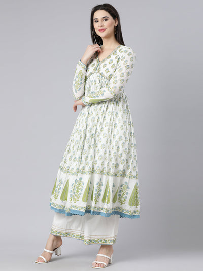 Neerus Green Panelled Printed Kurta And Palazzos With Dupatta