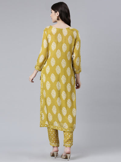 Neerus Green Pleated Straight Printed Kurta And Trousers