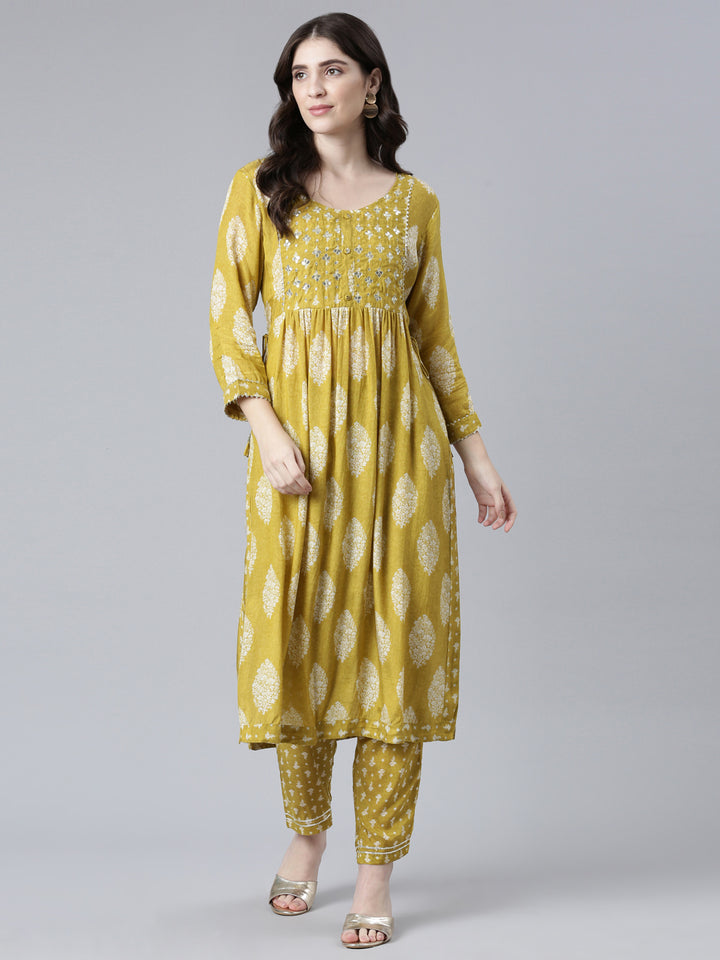 Neerus Green Pleated Straight Printed Kurta And Trousers