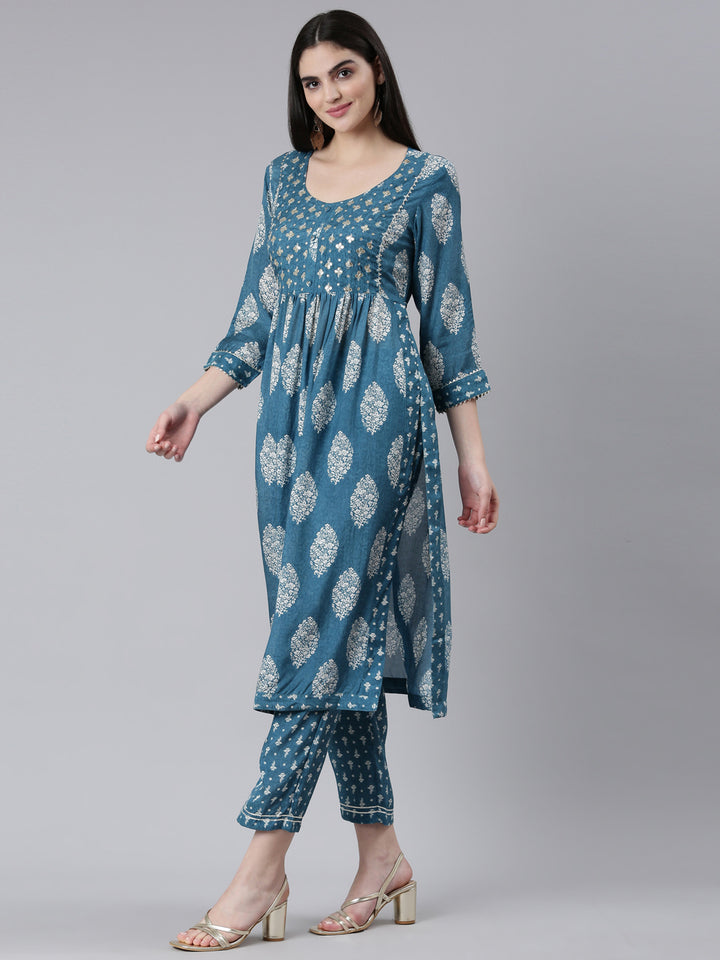Neerus Green Pleated Straight Printed Kurta And Trousers