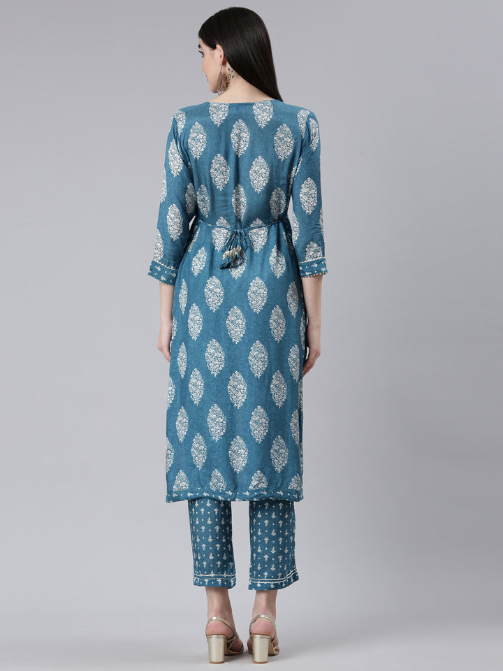 Neerus Green Pleated Straight Printed Kurta And Trousers