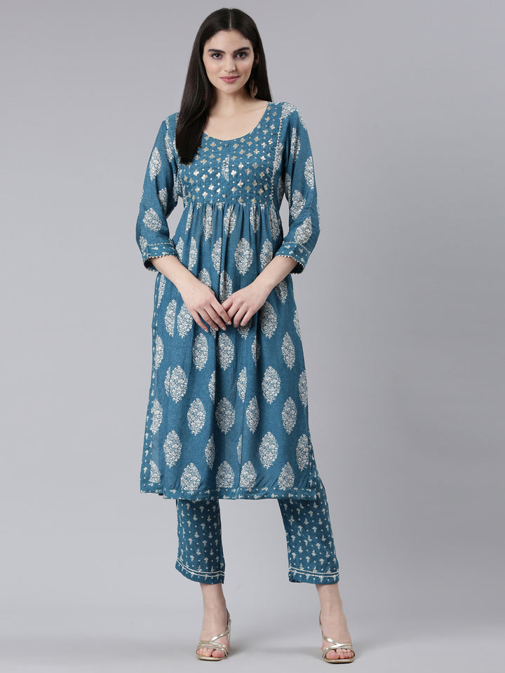 Neerus Green Pleated Straight Printed Kurta And Trousers