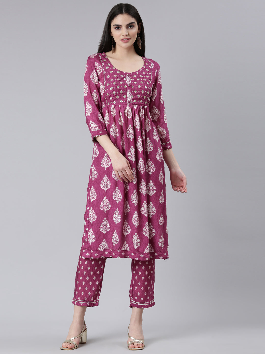 Neerus Purple printed straight kurta set - front view