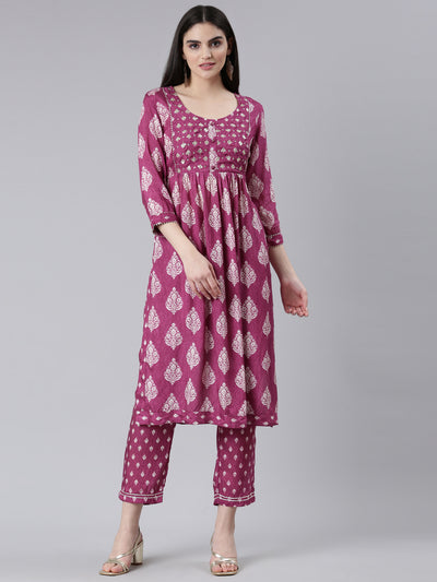 Neerus Purple Pleated Straight Printed Kurta And Trousers