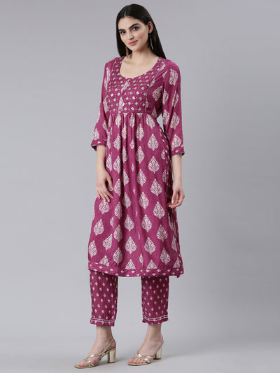 Neerus Purple Pleated Straight Printed Kurta And Trousers