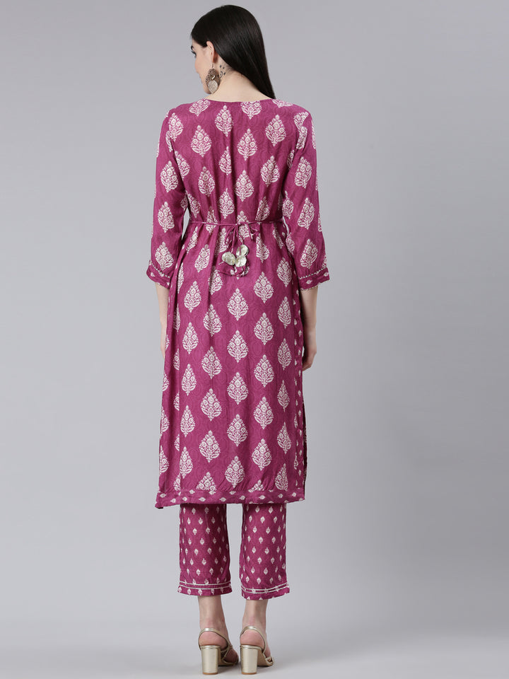 Neerus Purple printed straight kurta set - side view