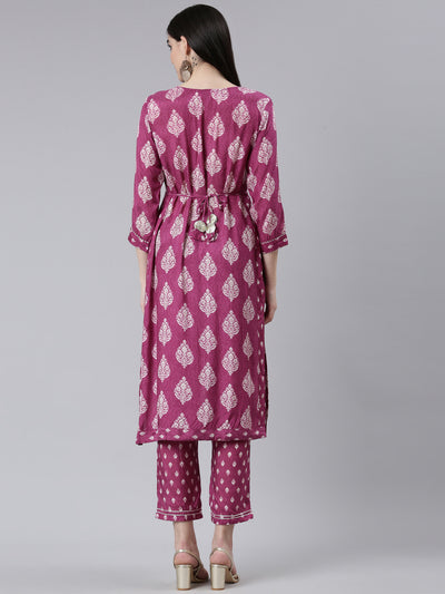 Neerus Purple Pleated Straight Printed Kurta And Trousers