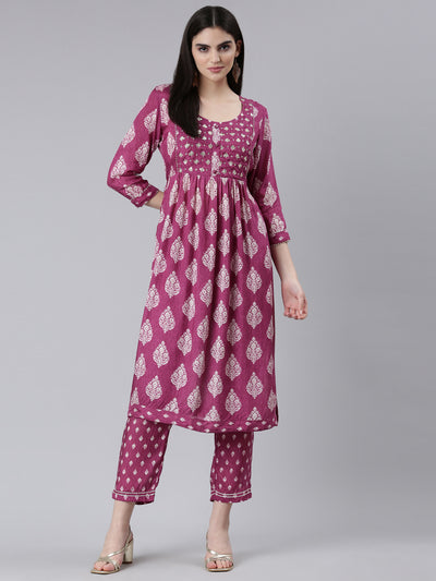 Neerus Purple Pleated Straight Printed Kurta And Trousers