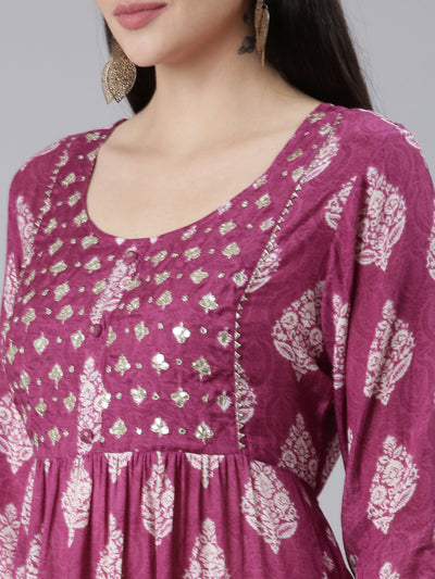Neerus Purple Pleated Straight Printed Kurta And Trousers