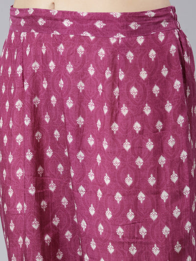 Neeru's Purple Pleated Straight Printed Kurta And Trousers