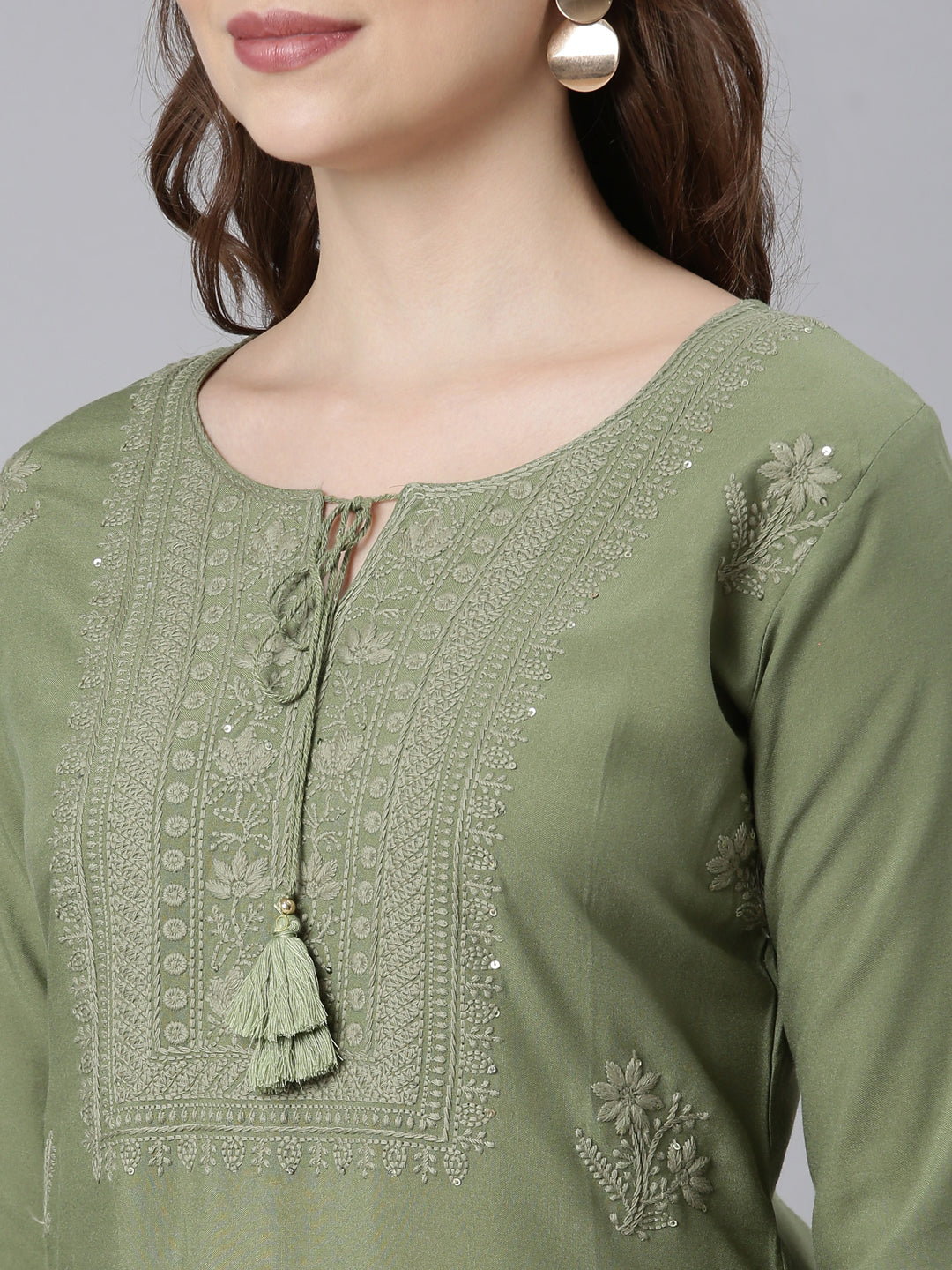 Neerus Green embellished straight kurti panelled - detail view 2