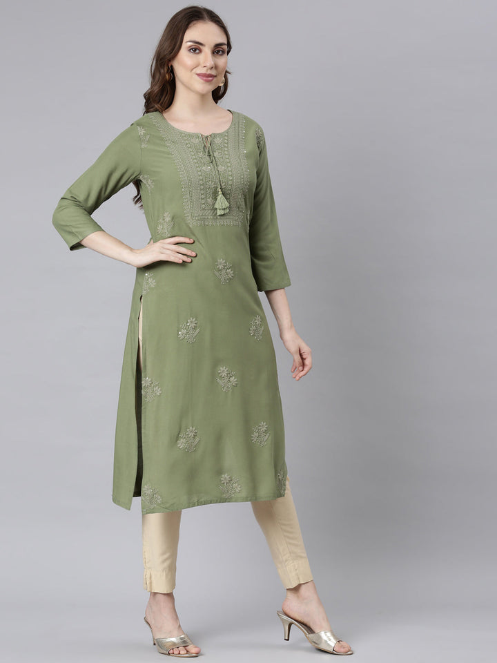 Neerus Green embellished straight kurti panelled - back view