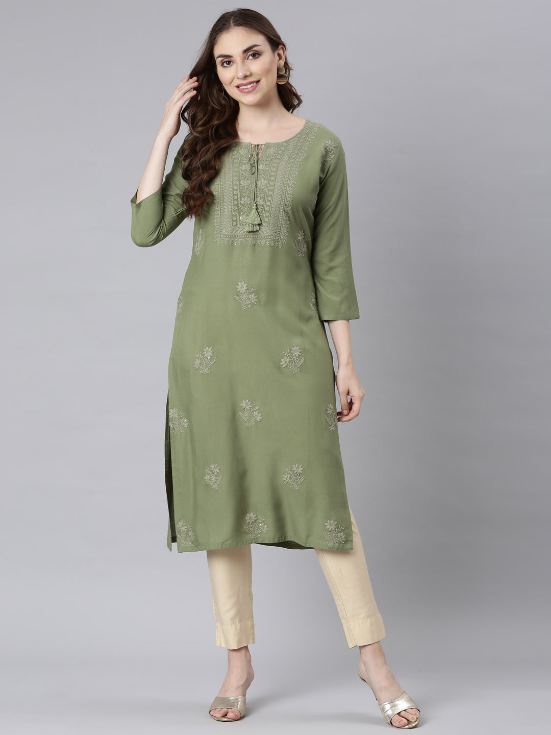 Neerus Green embellished straight kurti panelled - detail view 1