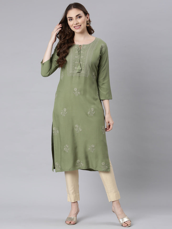 Neerus Green embellished straight kurti panelled - detail view 1