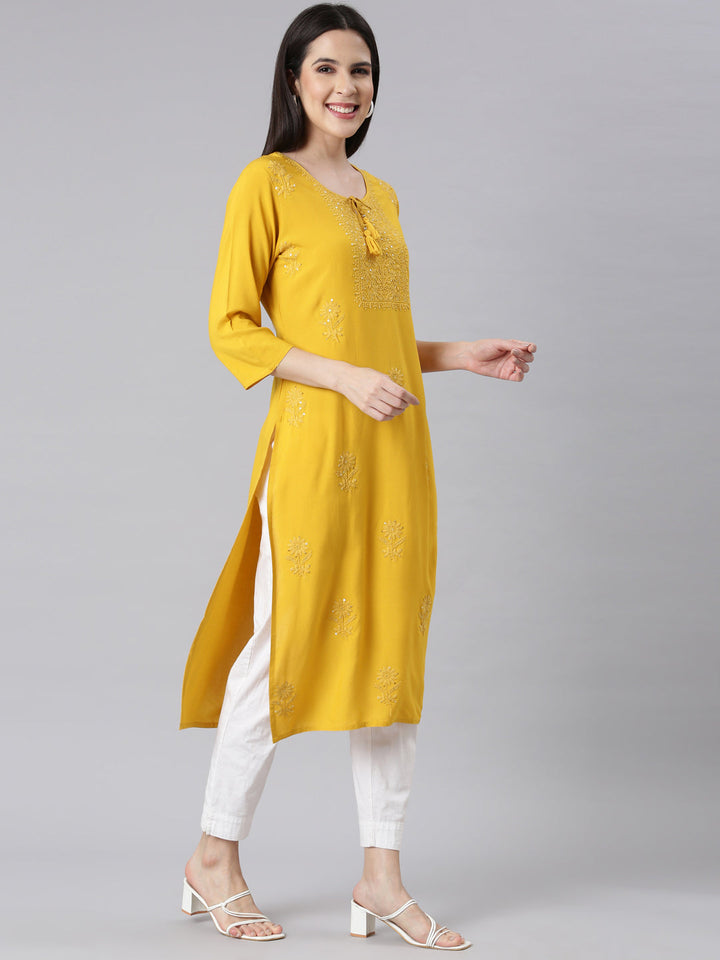 Neerus Yellow embellished straight kurti panelled - back view