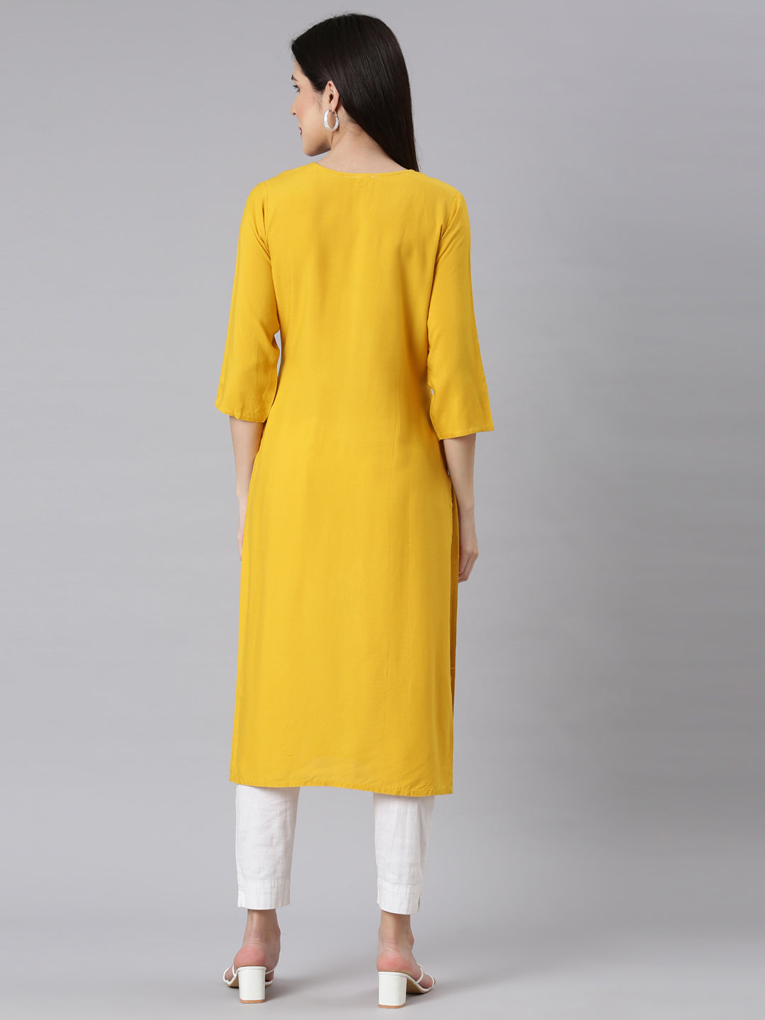 Neerus Yellow embellished straight kurti panelled - side view