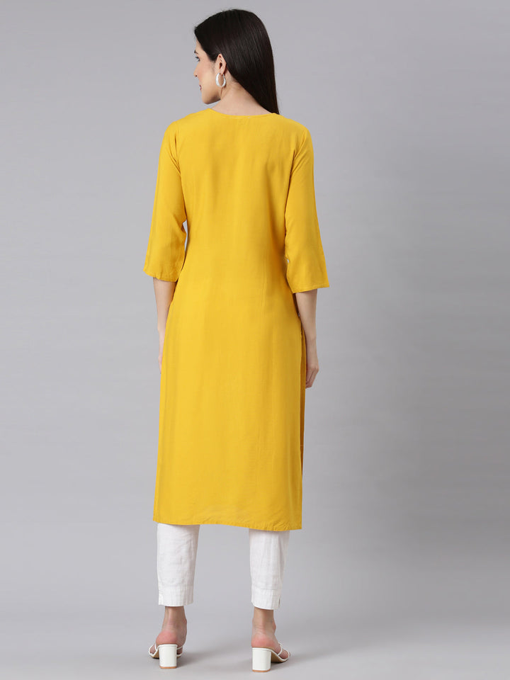Neerus Yellow embellished straight kurti panelled - side view