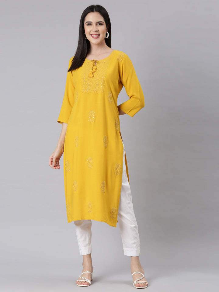 Neerus Yellow embellished straight kurti panelled - detail view 1