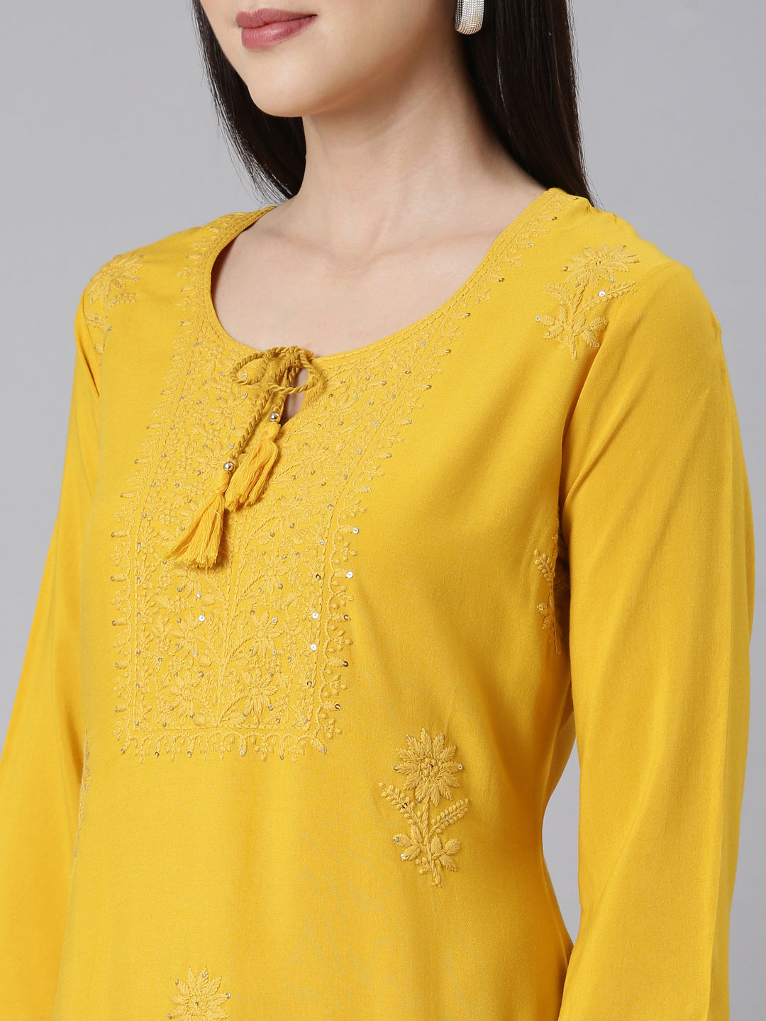 Neerus Yellow embellished straight kurti panelled - detail view 2