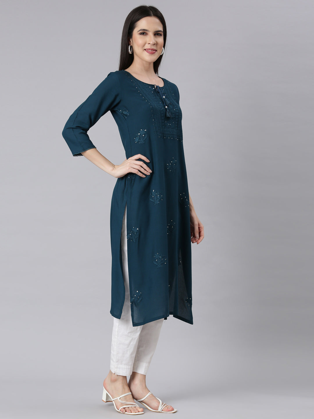 Neerus Blue embellished straight kurti peacock panelled - back view