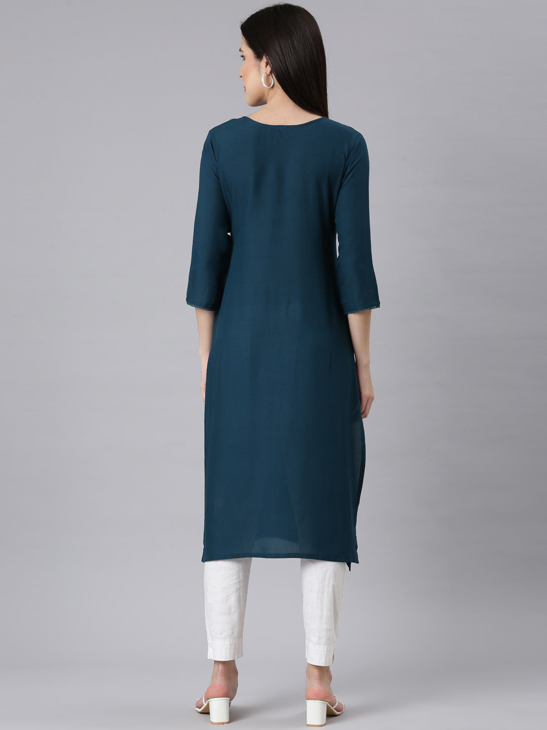 Neerus Blue embellished straight kurti peacock panelled - side view