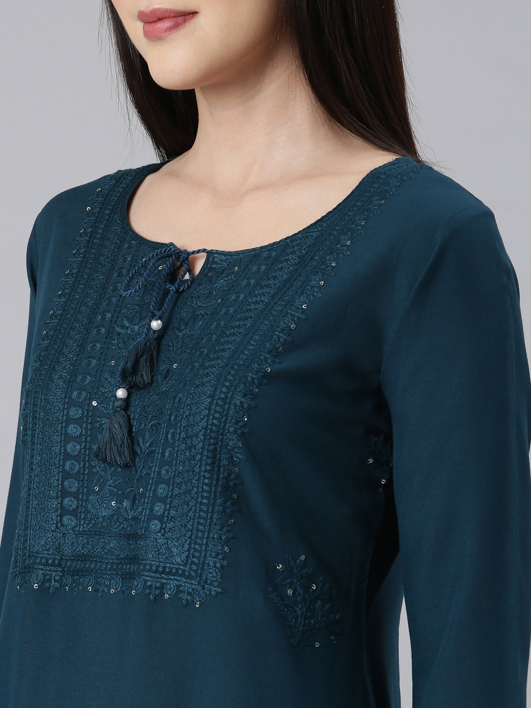 Neerus Blue embellished straight kurti peacock panelled - detail view 2
