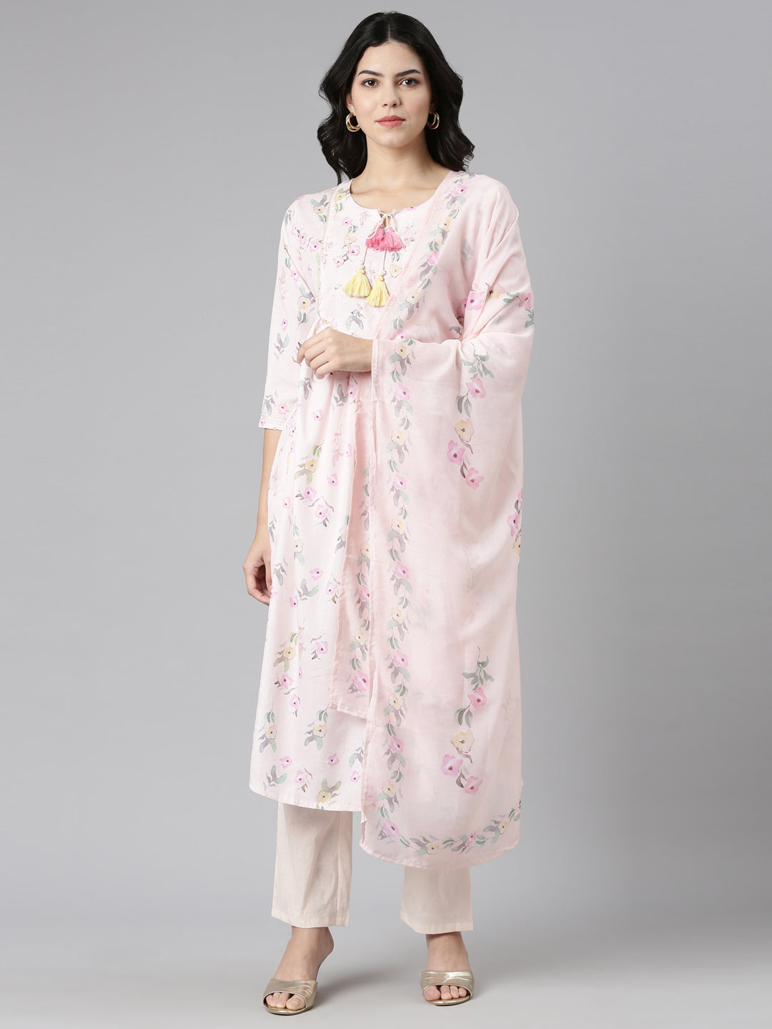 Neerus Peach Pleated Straight Printed Kurta And Trousers With Dupatta
