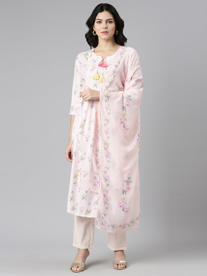 Neerus Peach Pleated Straight Printed Kurta And Trousers With Dupatta