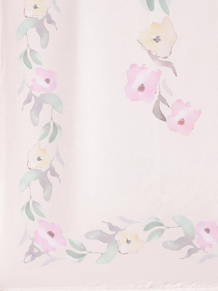 Neerus Peach Pleated Straight Printed Kurta And Trousers With Dupatta