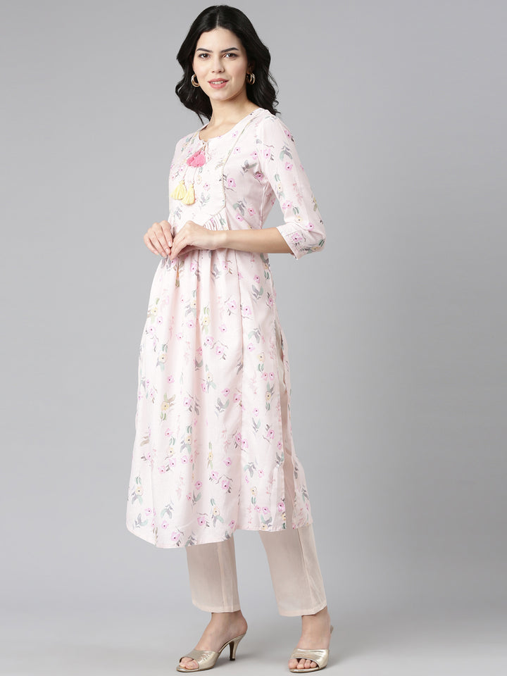 Neerus Peach Pleated Straight Printed Kurta And Trousers With Dupatta