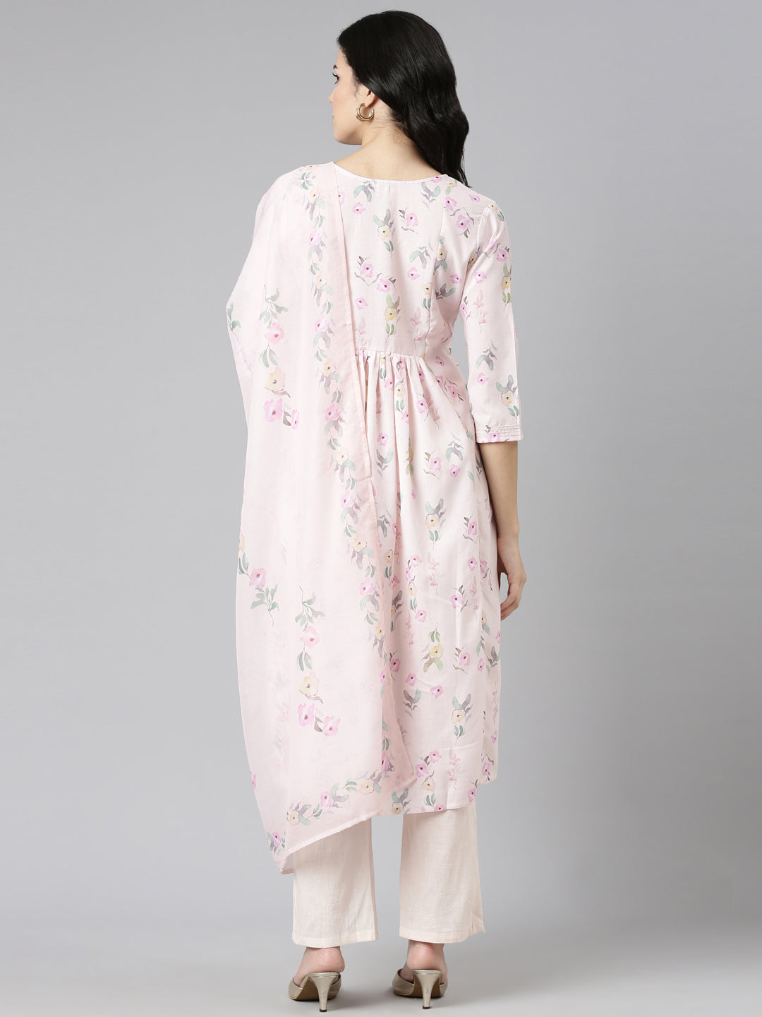 Neerus Peach Pleated Straight Printed Kurta And Trousers With Dupatta