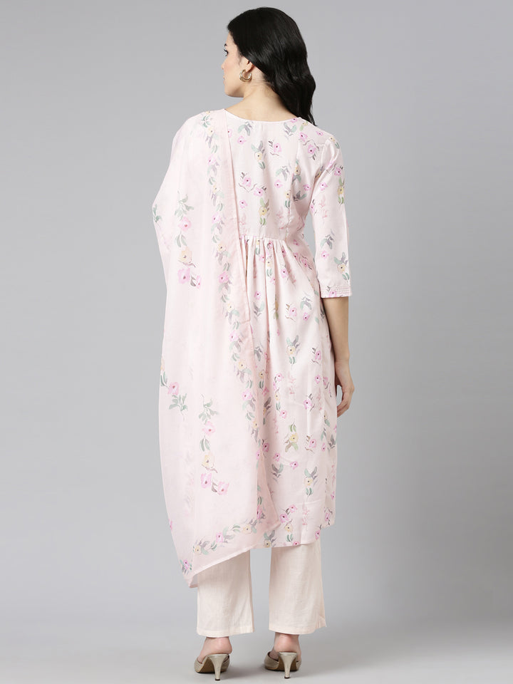 Neerus Peach Pleated Straight Printed Kurta And Trousers With Dupatta