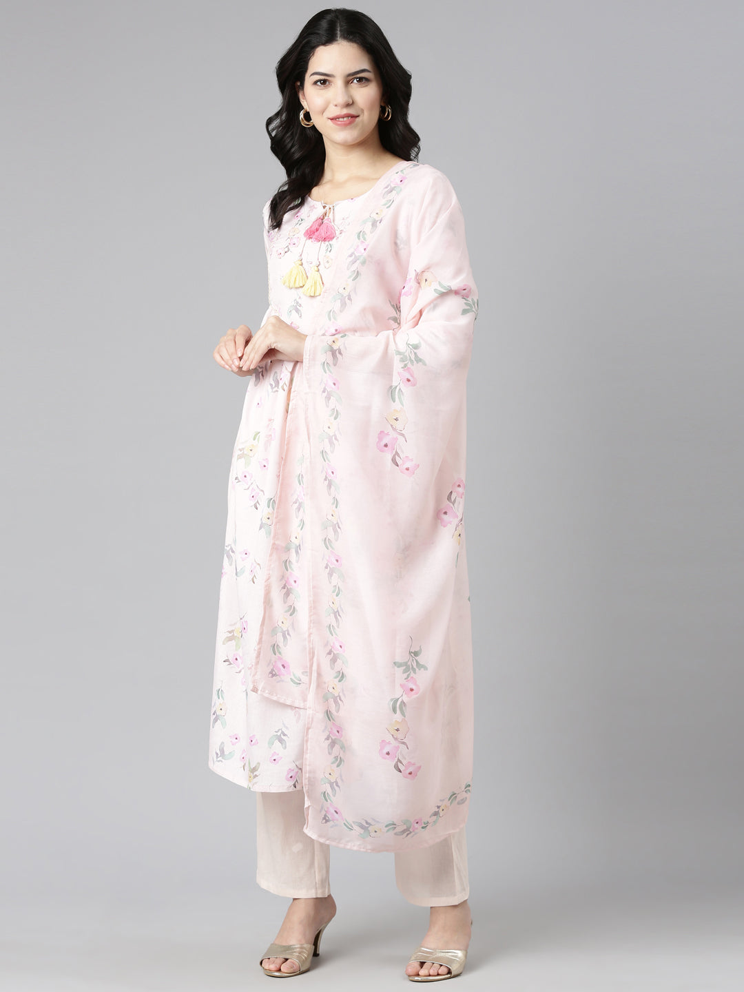 Neerus Peach Pleated Straight Printed Kurta And Trousers With Dupatta