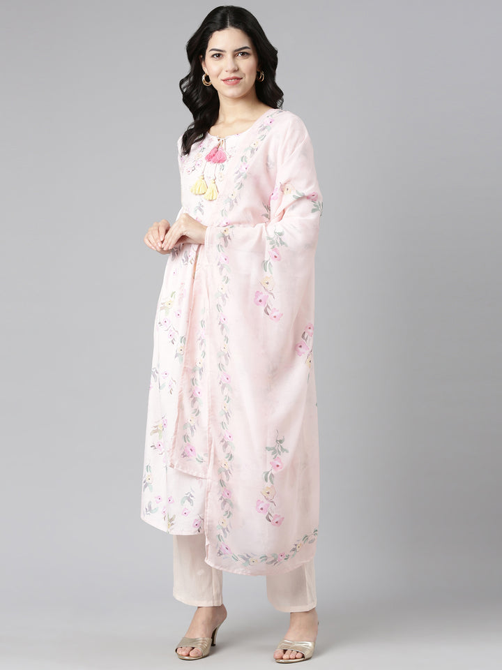 Neerus Peach Pleated Straight Printed Kurta And Trousers With Dupatta