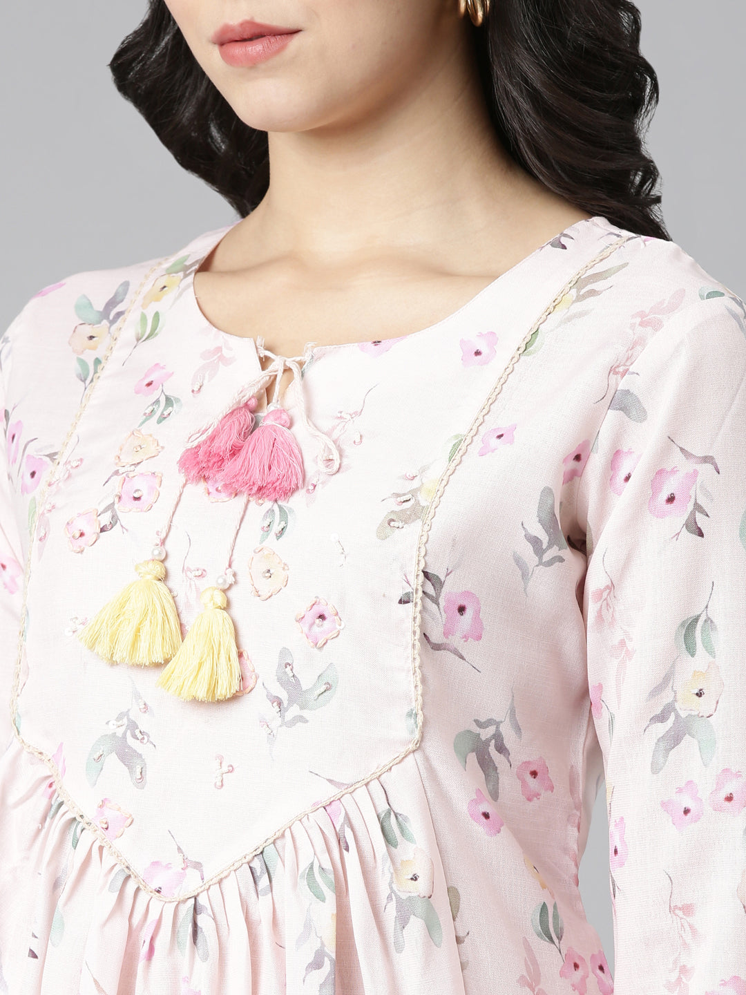 Neerus Peach Pleated Straight Printed Kurta And Trousers With Dupatta