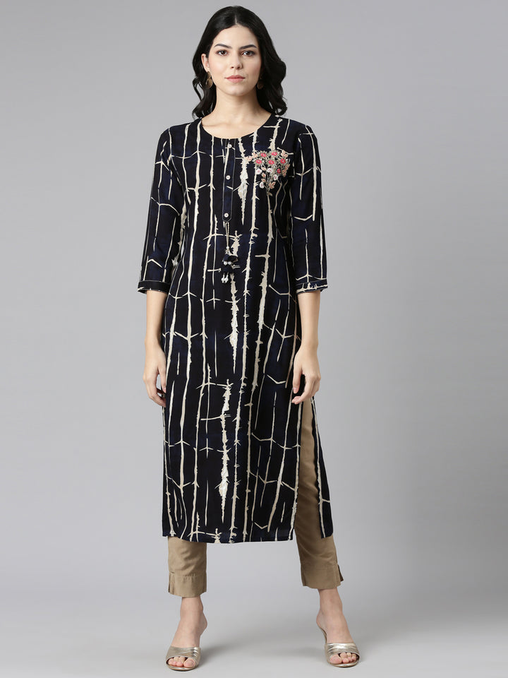 Neerus Navy Blue Regular Straight Printed Kurtas