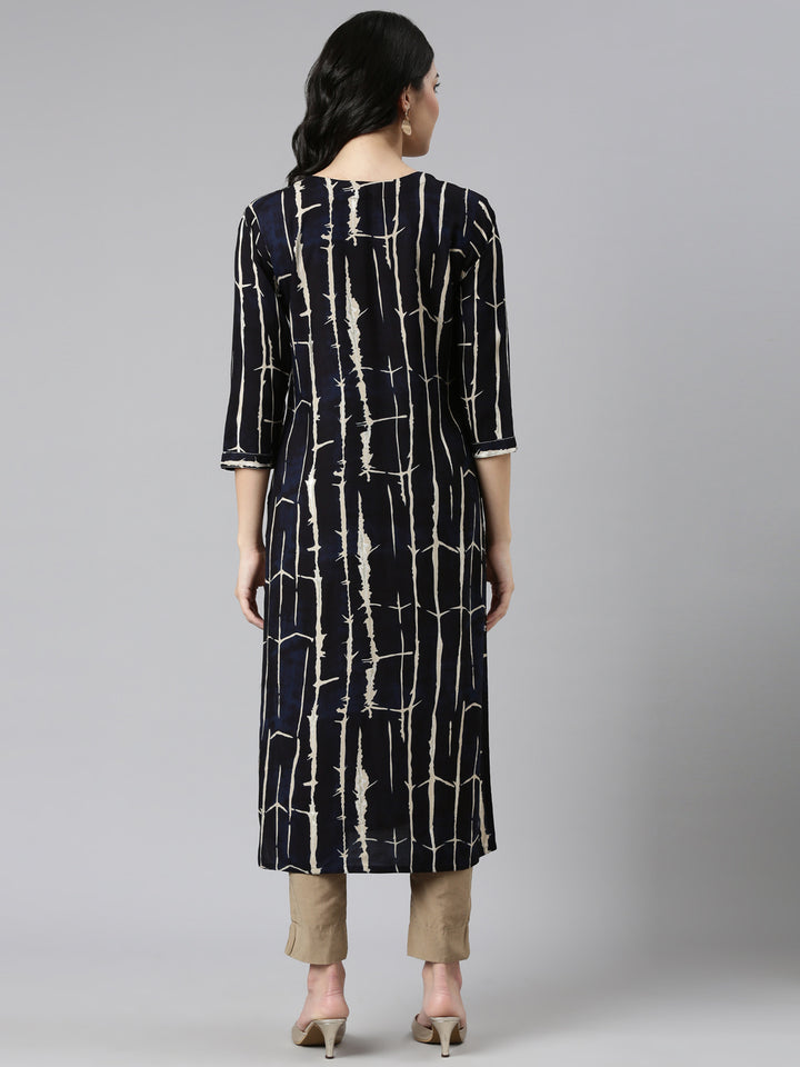 Neerus Navy Blue Regular Straight Printed Kurtas