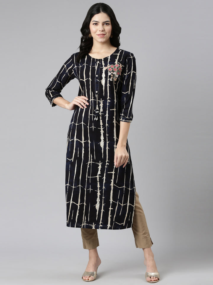Neerus Navy Blue Regular Straight Printed Kurtas